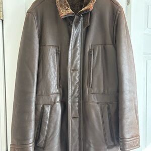 Boss Brown Leather Jacket with Faux Fur Collar